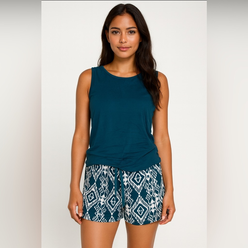 NWT 2 Piece Cozy Pajama Set Serra Teal Tank Top Ikat Print shorts Gift Ready Sm